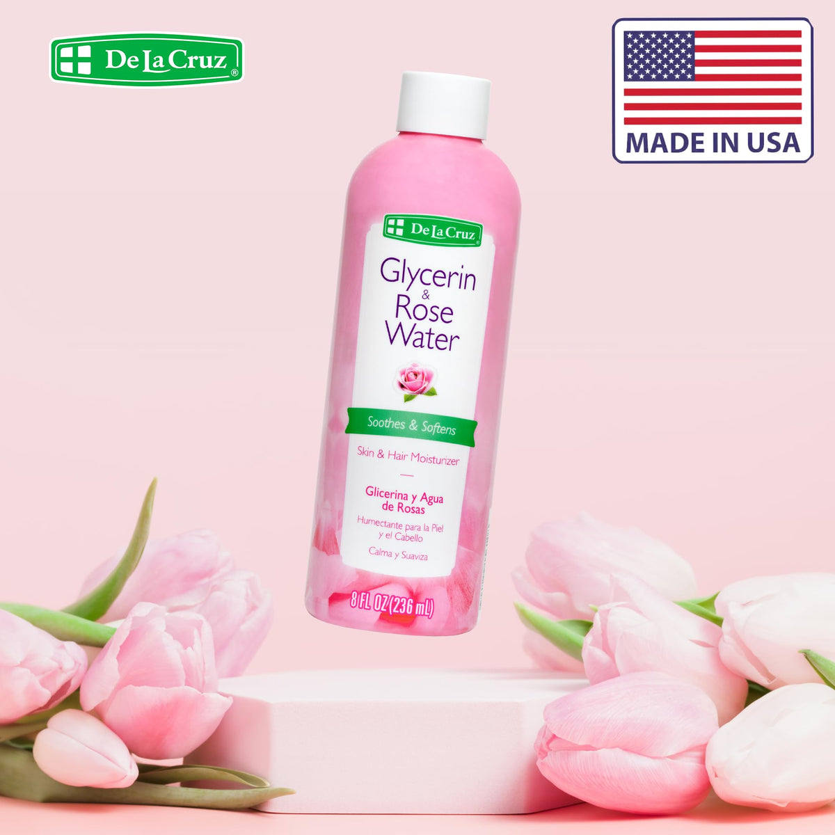 De La Cruz bottle on bathroom shelf lifestyle scene promoting daily routine ease
