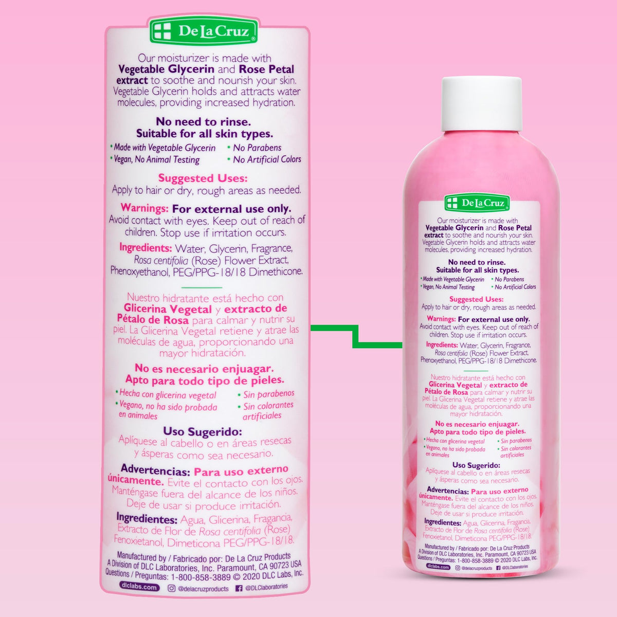 De La Cruz bottle with fresh rose petals conveying natural scent and calming benefit