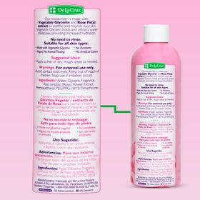 De La Cruz bottle with fresh rose petals conveying natural scent and calming benefit