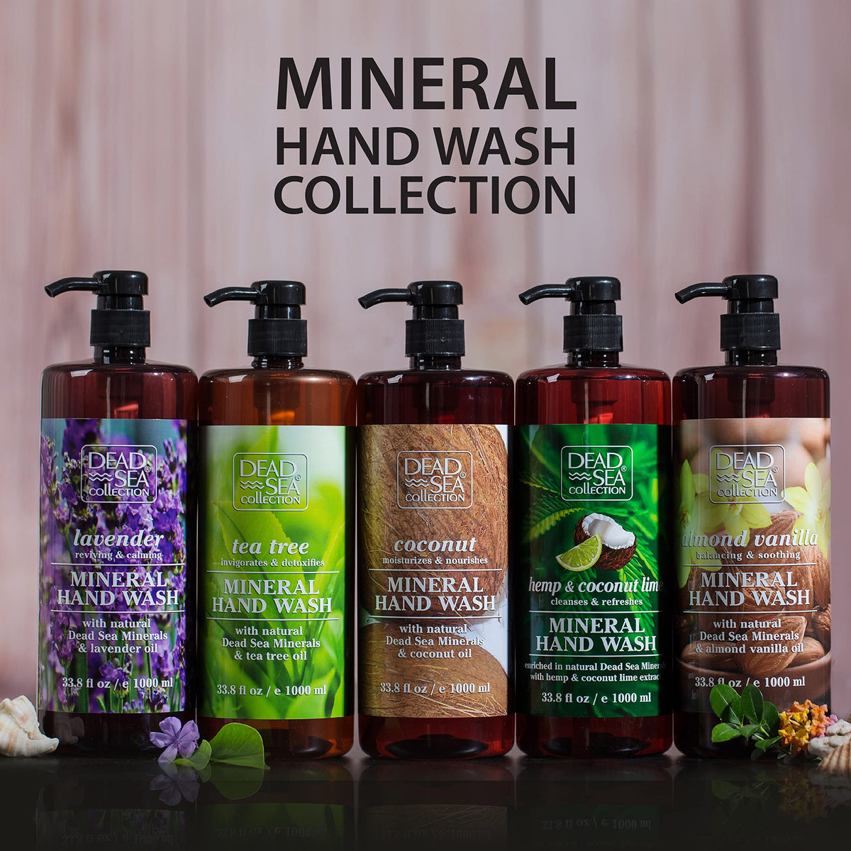 Dead Sea Collection bathroom counter lifestyle image showing calming lavender soap in use