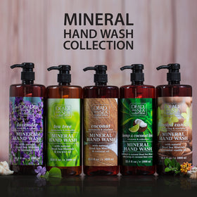 Dead Sea Collection bathroom counter lifestyle image showing calming lavender soap in use