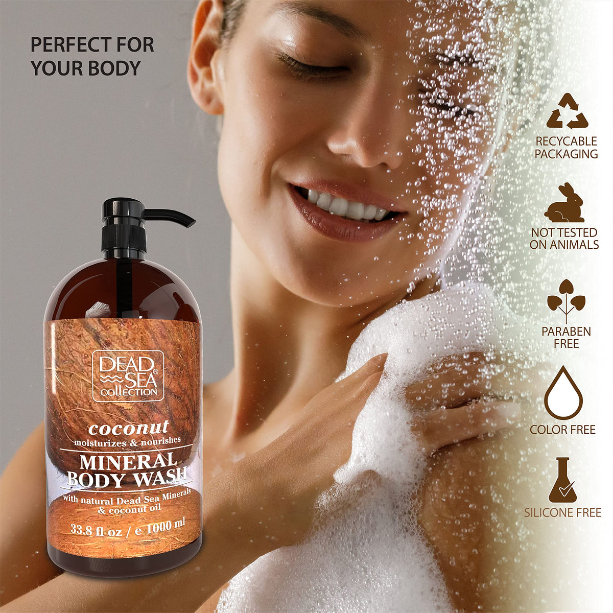Dead Sea Collection bottle beside a hand demonstrating 33.8 fl oz scale