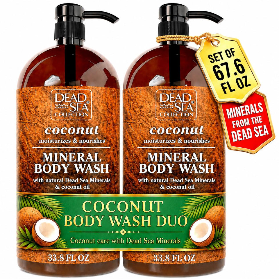 Dead Sea Collection front packaging showing coconut body wash and benefits