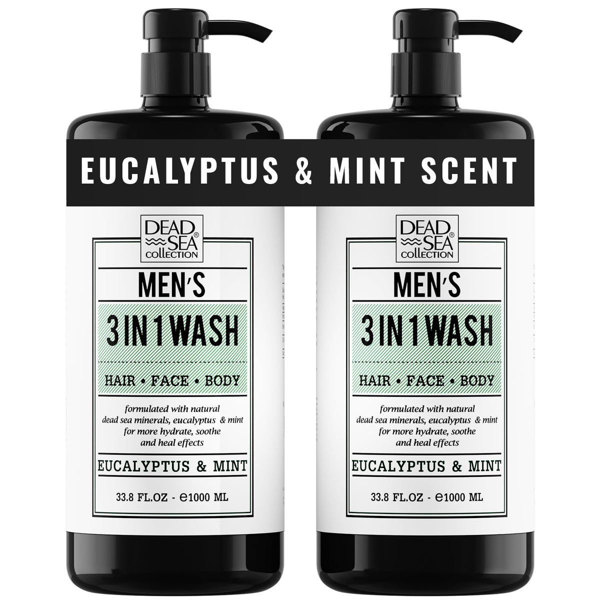 Dead Sea Collection front bottle showing eucalyptus mint scent and benefits