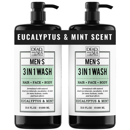 Dead Sea Collection front bottle showing eucalyptus mint scent and benefits