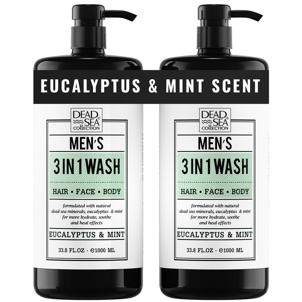 Dead Sea Collection front bottle showing eucalyptus mint scent and benefits