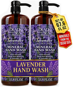 Dead Sea Collection front packaging showing two lavender hand soap bottles, conveys value