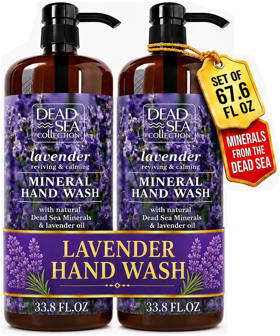 Dead Sea Collection front packaging showing two lavender hand soap bottles, conveys value