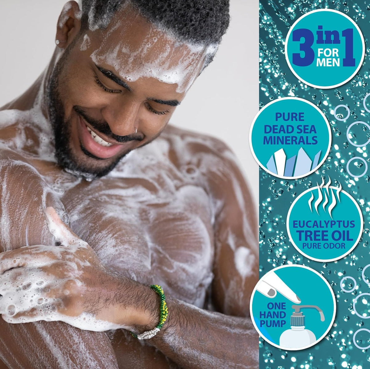 Dead Sea Collection in-use shower scene showing efficient 3-in-1 grooming