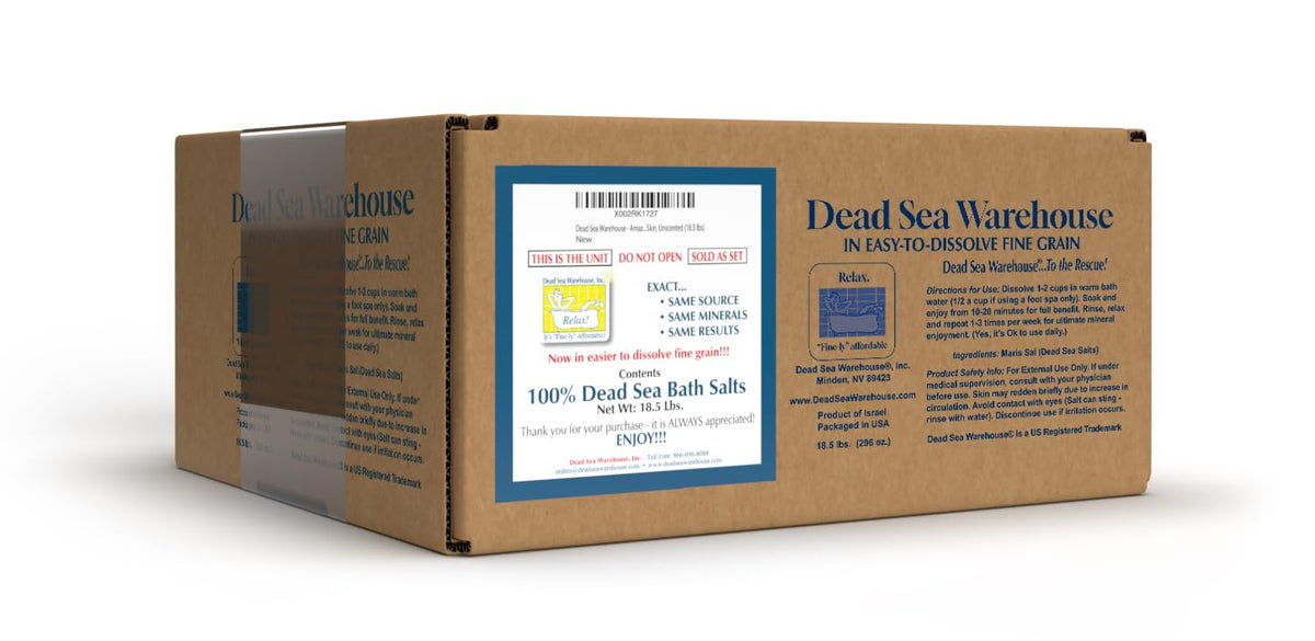 Dead Sea Warehouse front packaging showing unscented 18.5 lb box and clean design benefiting storage
