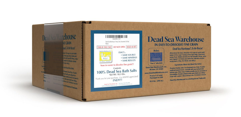 Dead Sea Warehouse front packaging showing unscented 18.5 lb box and clean design benefiting storage