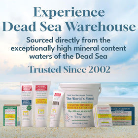 Dead Sea Warehouse label and ingredient list highlighting unscented, full-mineral transparency benefit