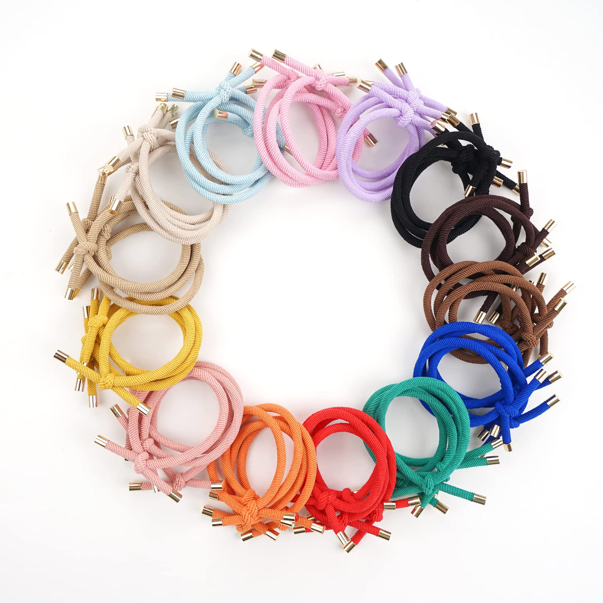 DealEachDay hair ties next to a hand for size comparison and easy-carry benefit