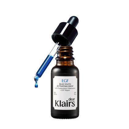 DearKlairs front bottle view showing sleek dropper packaging and calming blue tint benefit