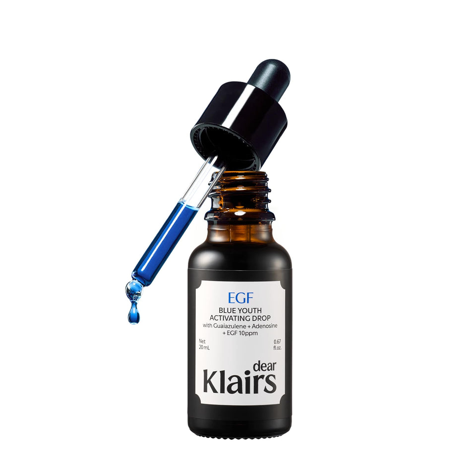 DearKlairs front bottle view showing sleek dropper packaging and calming blue tint benefit
