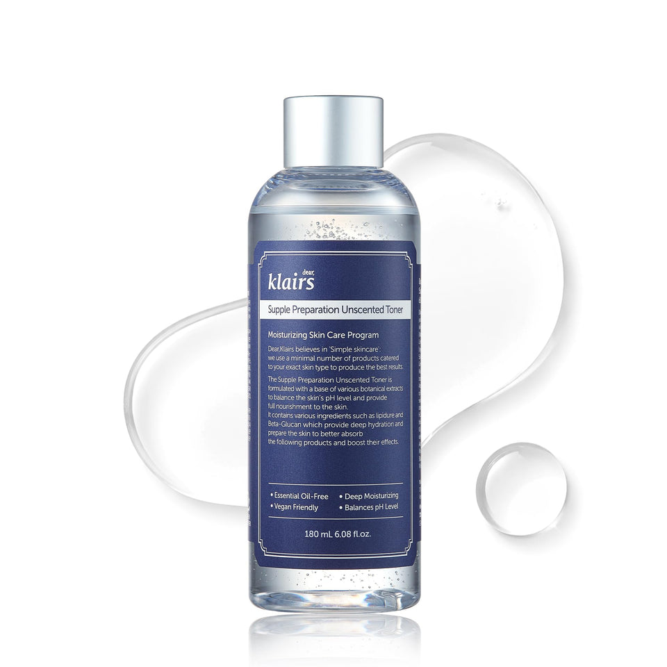 DearKlairs bottle front view showing sleek packaging and clear hydration benefits