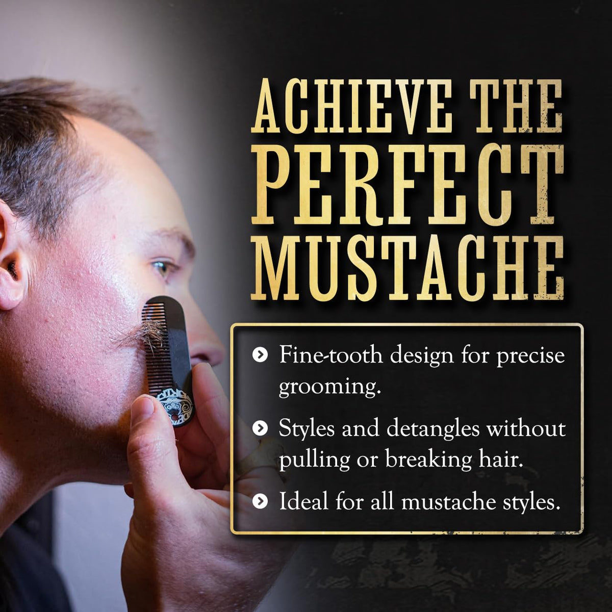 Death Grip comb used to style a handlebar mustache demonstrating shaping control benefit