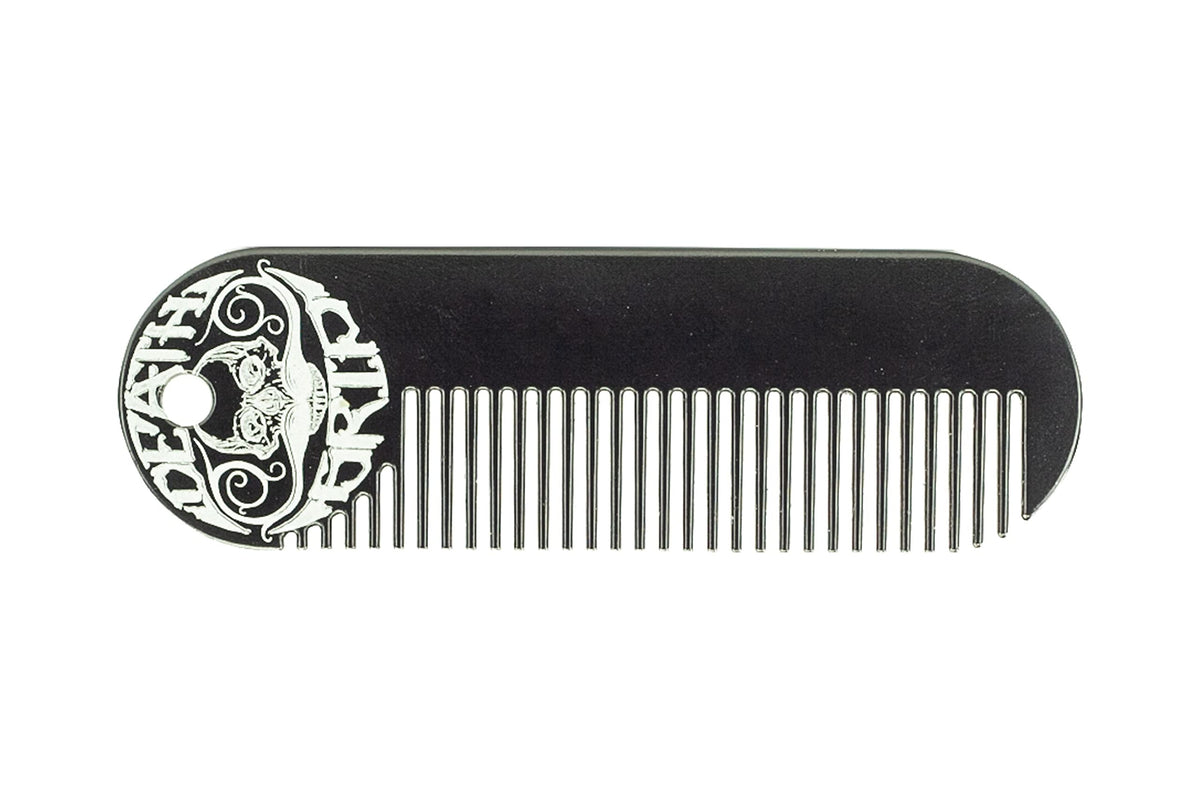 Death Grip front view of black powder-coated pocket comb showing compact shape and finish benefit