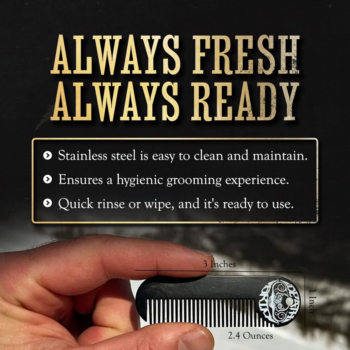 Death Grip comb beside a ruler showing 3.25 x 1 inch size for portability benefit