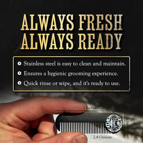 Death Grip comb beside a ruler showing 3.25 x 1 inch size for portability benefit
