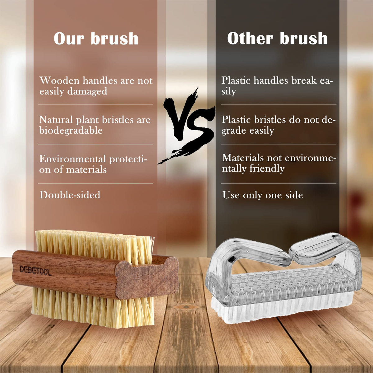 DEBETOOL double-sided bristle detail demonstrating two textures for heavy and gentle cleaning