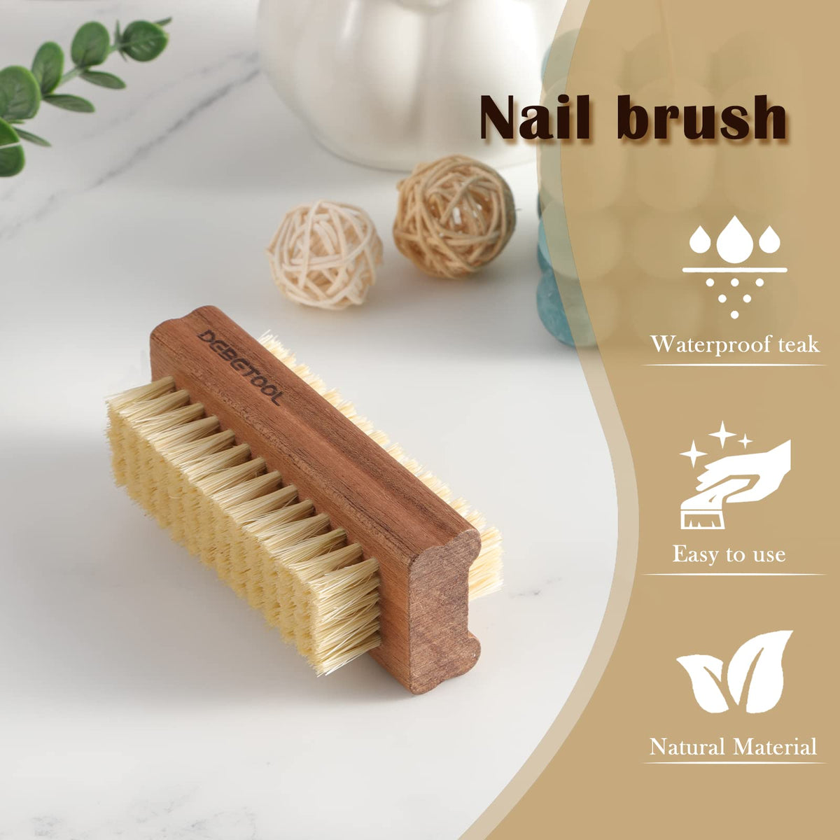 DEBETOOL brushes with natural materials display conveying eco-friendly choice and durability