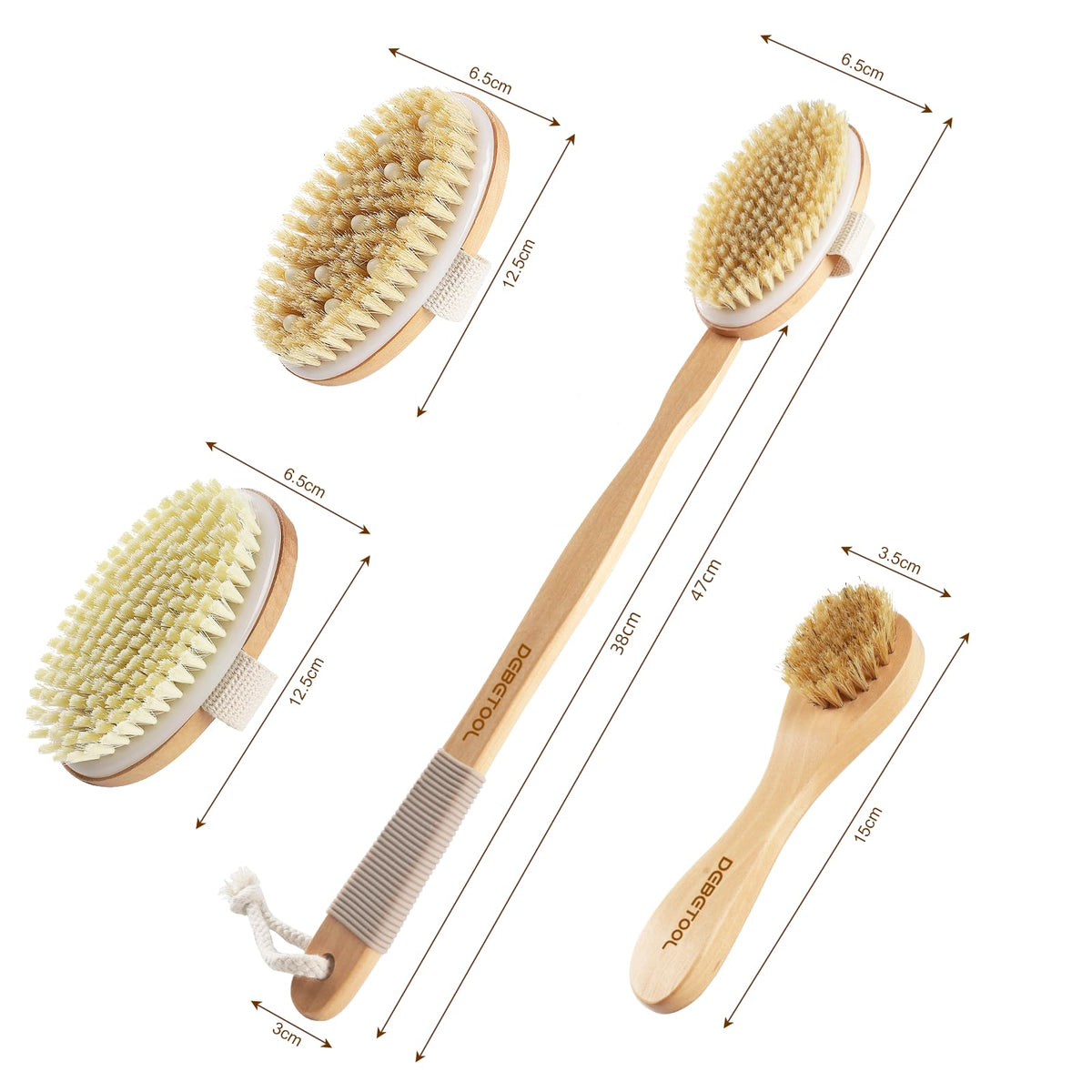 DEBETOOL body brush firm bristles demonstrating effective skin smoothing