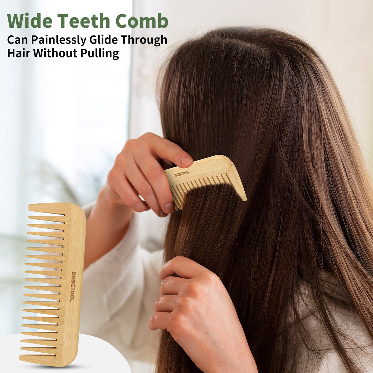 DEBETOOL comb gliding through curly hair showing reduced frizz and improved definition