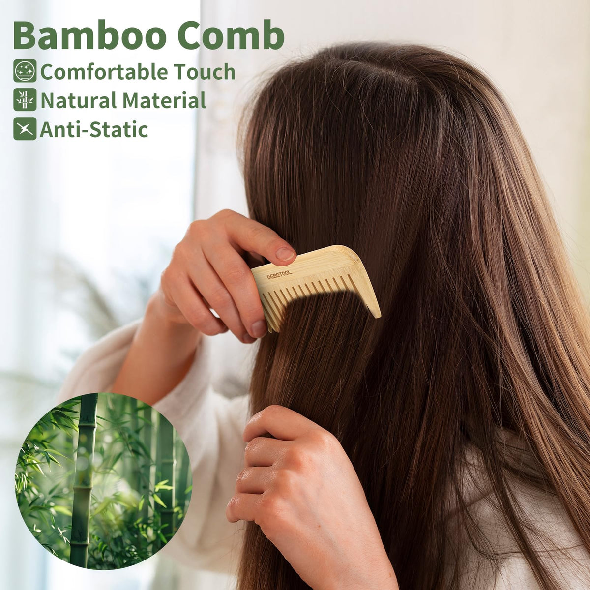 DEBETOOL combs held in hand detangling curly hair with less breakage