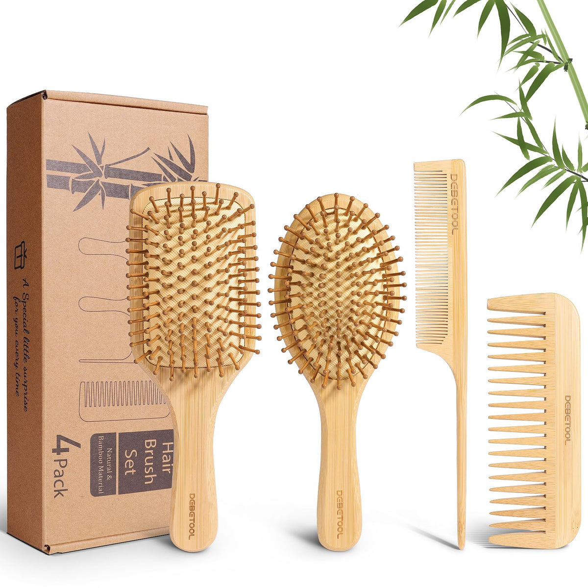 DEBETOOL front packaging showing full bamboo brush set and eco benefit