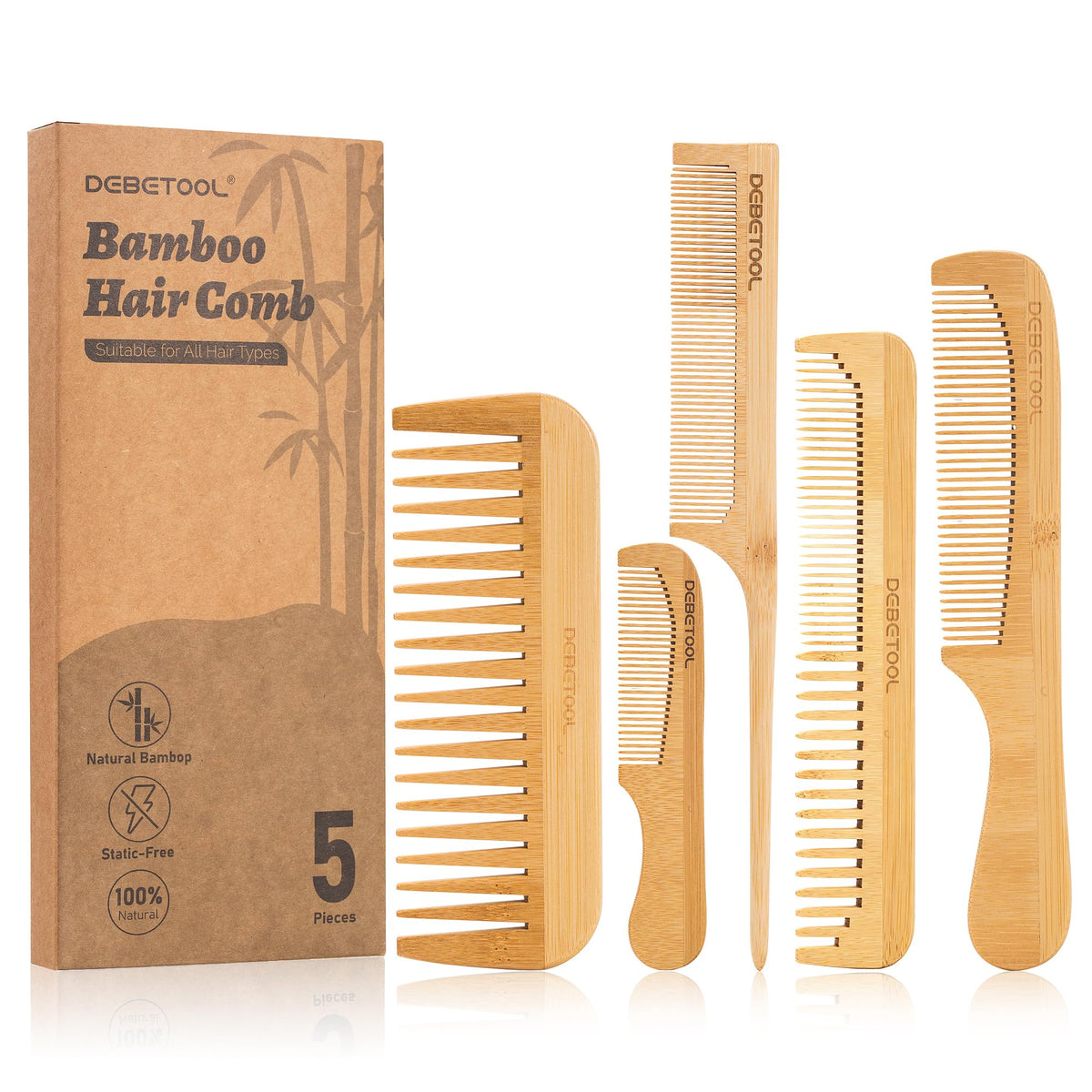 DEBETOOL front packaging showing five bamboo combs and protective box, durable travel benefit