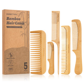 DEBETOOL front packaging showing five bamboo combs and protective box, durable travel benefit