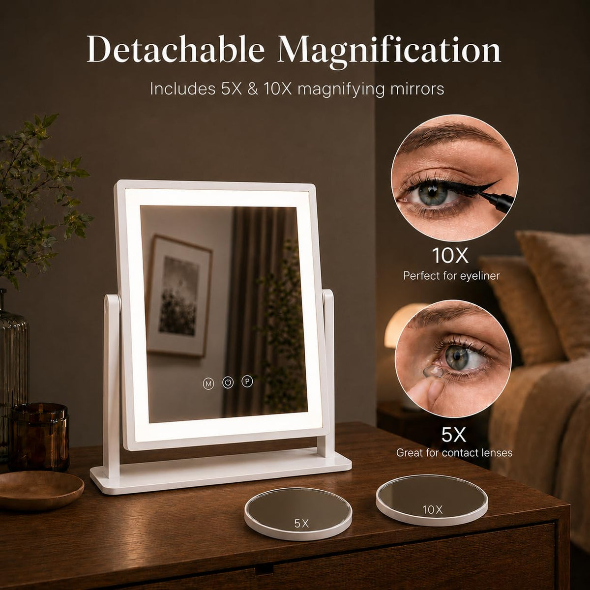 DECADENCE detachable 10X and 5X magnifiers displayed for precise makeup work