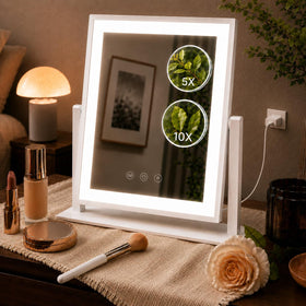 DECADENCE front view vanity mirror showing full 14.1-inch reflection and bright LEDs