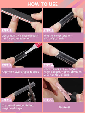Deciniee tips applied on nails during glue-on process for effortless styling