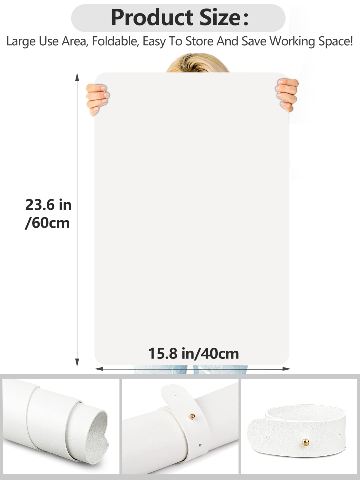 Deciniee side view showing mat thickness and protective desk cushioning benefit