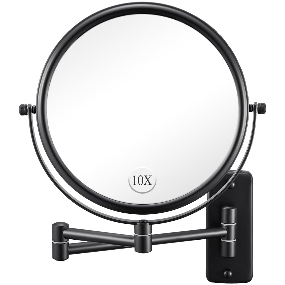 DECLUTTR front view of double sided mirror showing 1X and 10X benefits