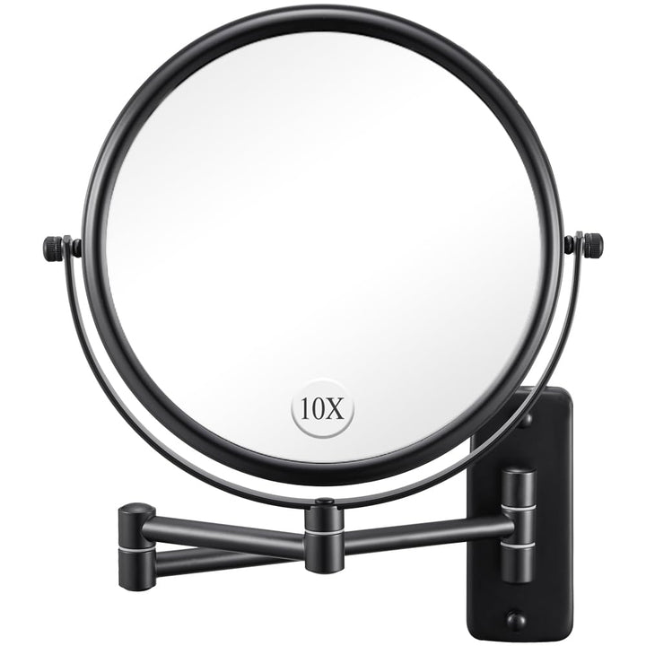 DECLUTTR front view of double sided mirror showing 1X and 10X benefits