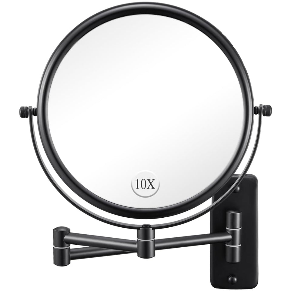 DECLUTTR front view of double sided mirror showing 1X and 10X benefits