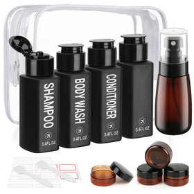 Decorniqu front packaging showing full 14-piece travel bottle set and organization benefit