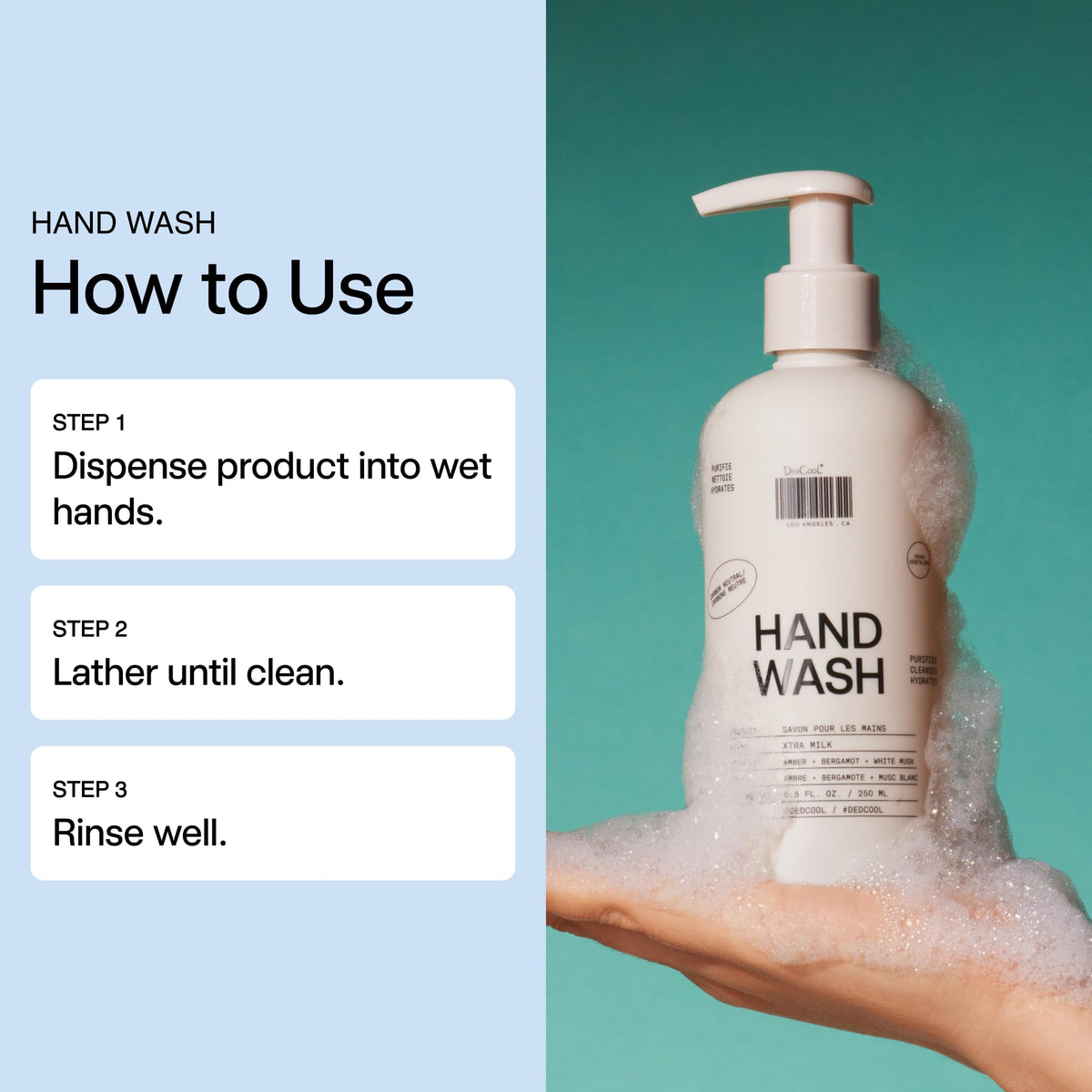 DedCool hand wash staged in bathroom lifestyle scene, suggests daily indulgent and gentle care