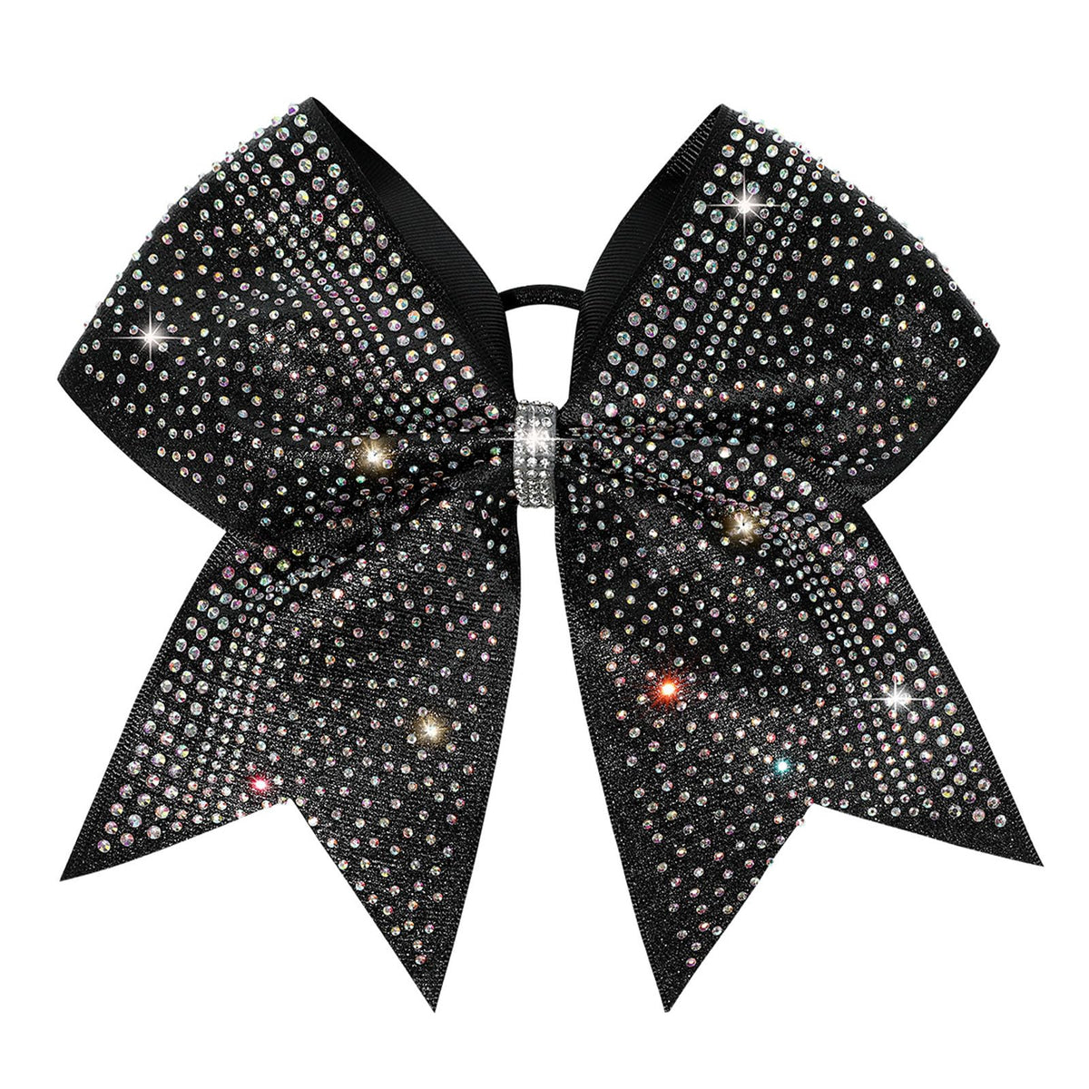 DEEKA black cheer bow front view showing bold sparkle and team-ready styling