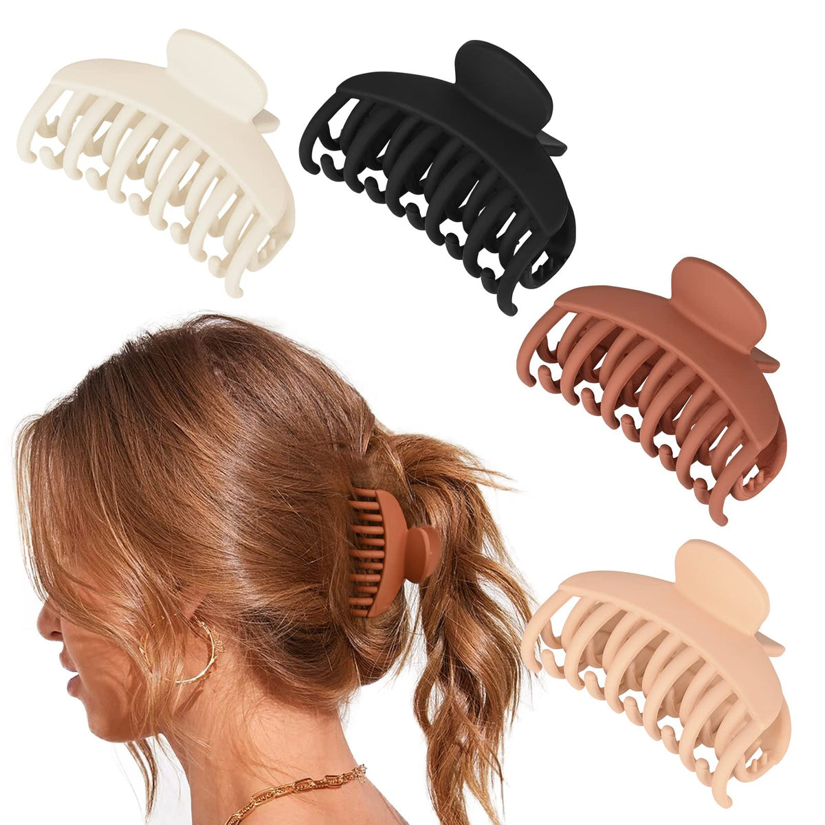 DEEKA front view of four black and brown matte clips showing included colors and size