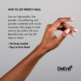 DeEnti acrylic powder open jar texture emphasizing smooth bubble-free finish