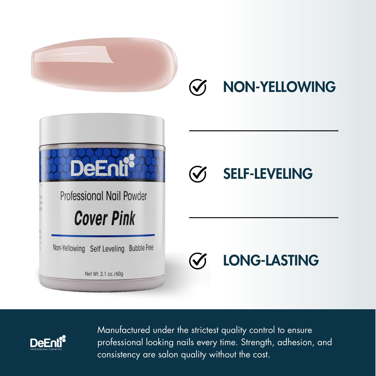 DeEnti powder applied on a nail tip demonstrating natural pink coverage and durability
