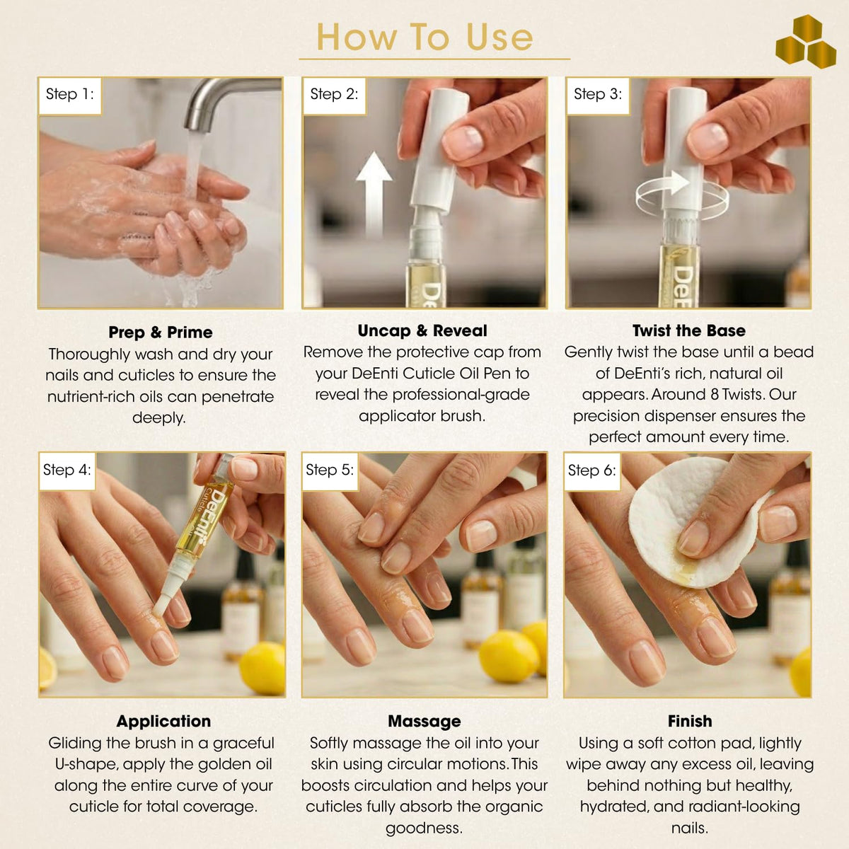 DeEnti cuticle oil pen applied to elbow and cuticles showing multi-area conditioning benefit