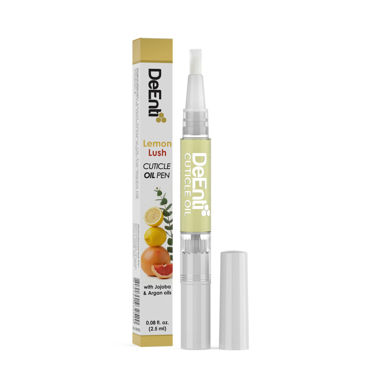 DeEnti cuticle oil pen front packaging showing sleek pen and label benefit