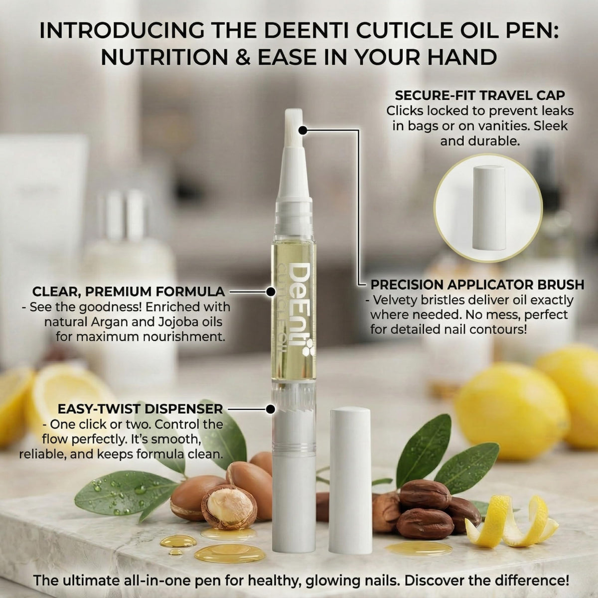 DeEnti cuticle oil pen nail before and after comparison demonstrating visible improvement