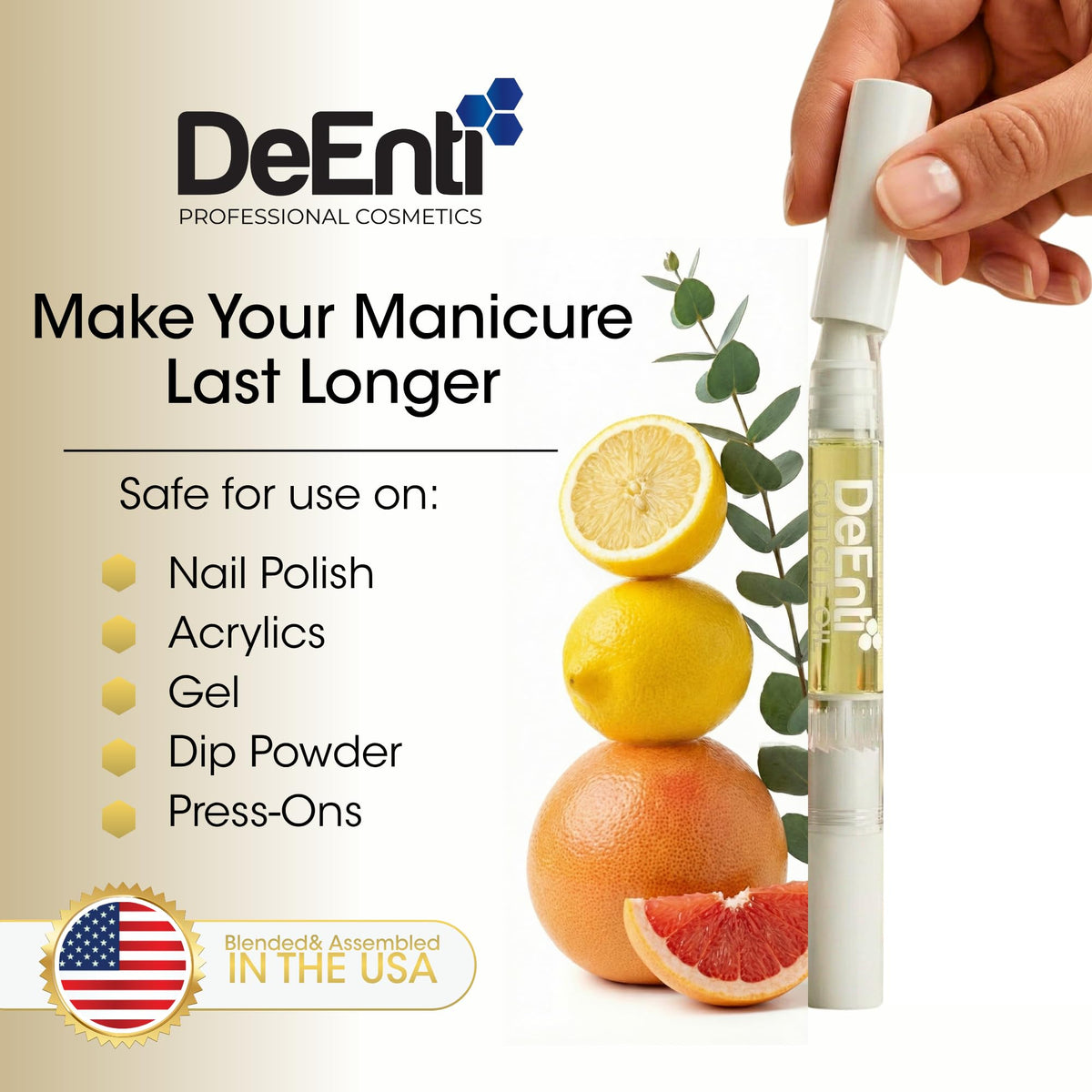 DeEnti cuticle oil pen used in a salon setting displaying professional-quality finish