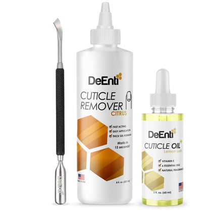 DeEnti cuticle remover front packaging shows citrus scent and salon benefit